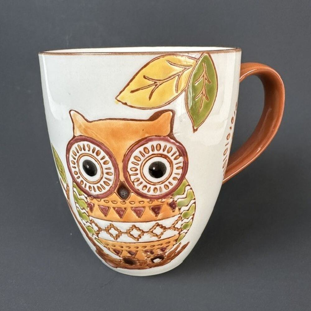 Embossed 3D Ceramic Owl Design Mug/Cup Orange/Brown Animal Bird Autumn Leaves